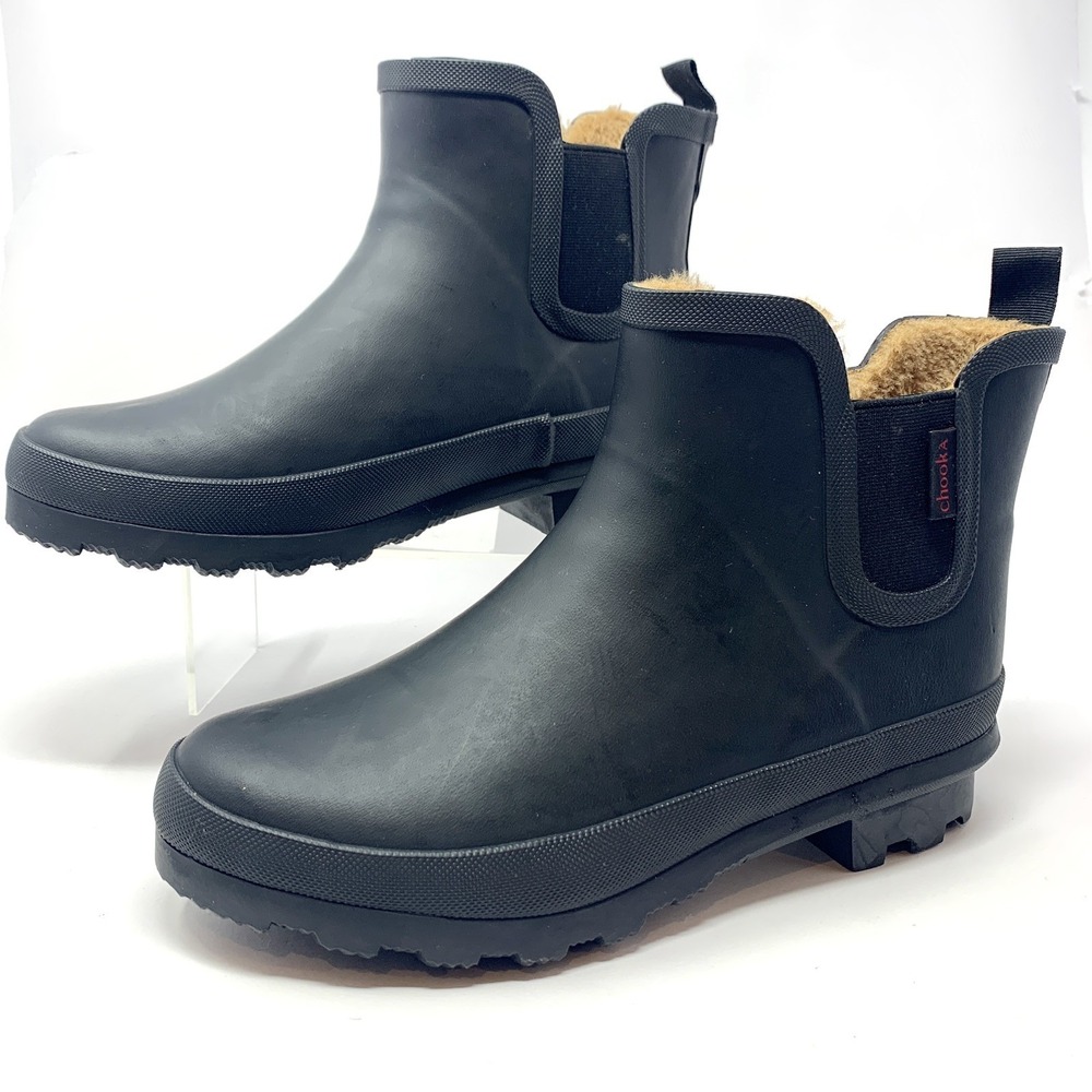 Chooka Plush Chelsea Rubber Rain Boots Womens' Size 8 Black Plush Lined